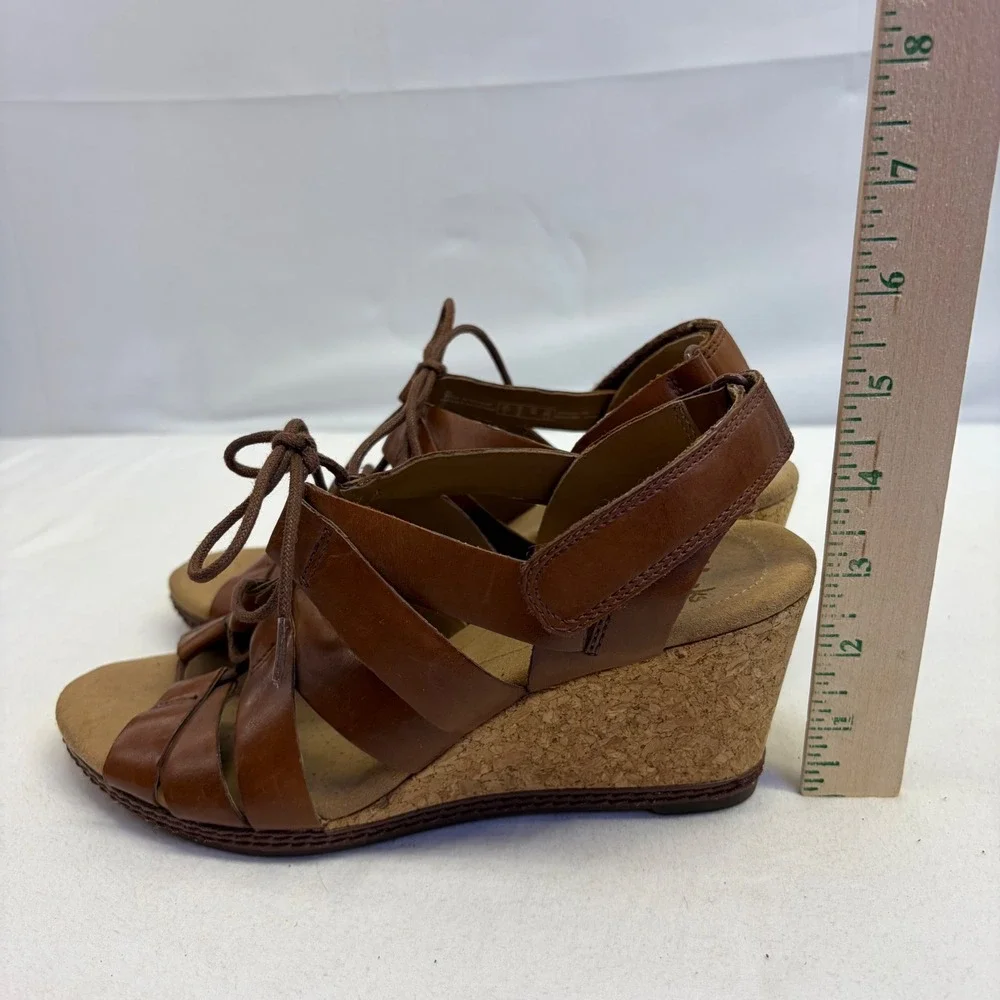 Clarks Collection Wedge Sandals Womens Size 8 Brown Leather Lace Up Cork Comfort